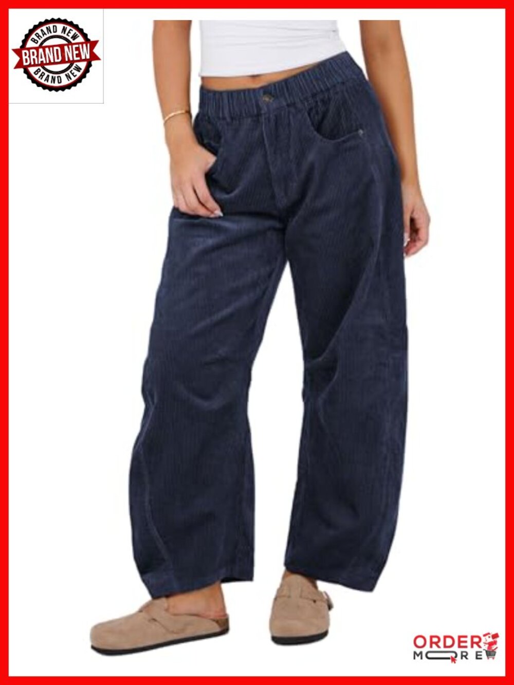 Corduroy Barrel Pants Wide Leg Elastic Waist Trousers